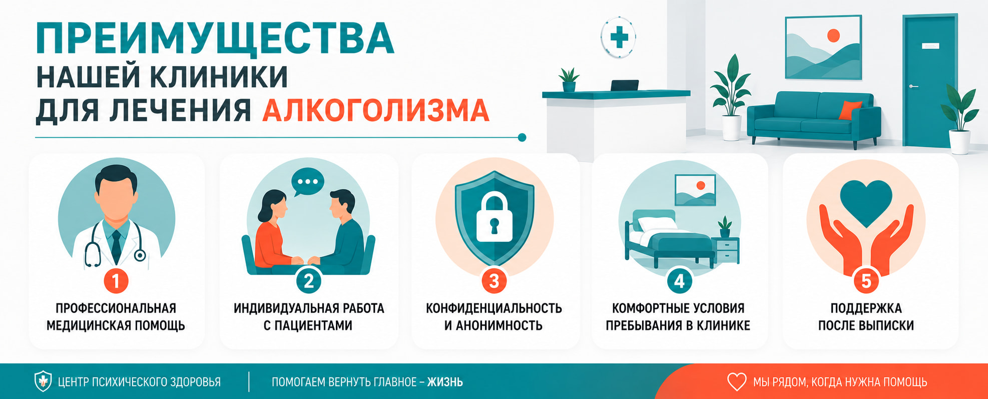 5 преимуществ клиники для лечения алкоголизма: врачи, индивидуальный подход, анонимность, комфорт и поддержка